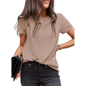 imageEVALESS Womens Casual Polka Dot Tops Crewneck Short Sleeve T Shirts Fashion Outfits 2026 Spring Summer ShirtsJ Khaki