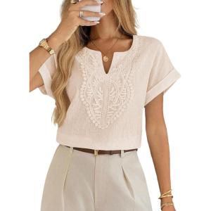 imageEVALESS Womens Tops Summer Trendy Dressy Casual V Neck Short Sleeve Shirts Cute Boho Business Work Loose BlousesBeige