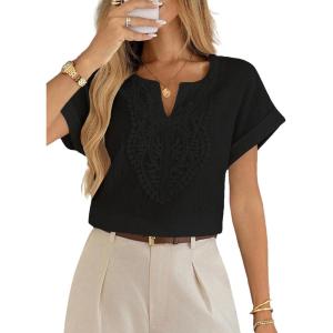 imageEVALESS Womens Tops Summer Trendy Dressy Casual V Neck Short Sleeve Shirts Cute Boho Business Work Loose BlousesBlack