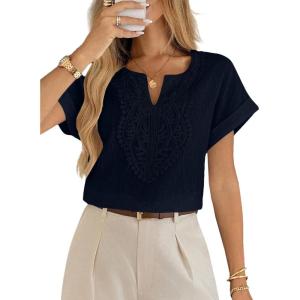imageEVALESS Womens Tops Summer Trendy Dressy Casual V Neck Short Sleeve Shirts Cute Boho Business Work Loose BlousesNavy Blue