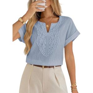 imageEVALESS Womens Tops Summer Trendy Dressy Casual V Neck Short Sleeve Shirts Cute Boho Business Work Loose BlousesSky Blue