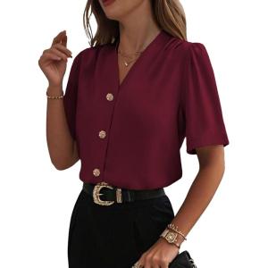 imageEVALESS Blouses for Women Dressy Casual Summer Short Sleeve Button Down Shirts Business Work TopsBurgundy