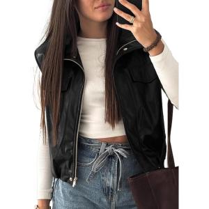 imageEVALESS Faux Leather Jacket Women Sleeveless Motorcycle Coat Zip Up Vest Jackets Fall Fashion Outfits Winter ClothesBlack