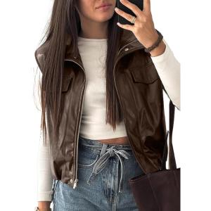 imageEVALESS Faux Leather Jacket Women Sleeveless Motorcycle Coat Zip Up Vest Jackets Fall Fashion Outfits Winter ClothesBrown