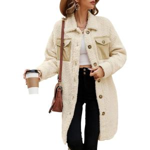 imageEVALESS Fuzzy Fleece Jackets for Women Fashion Long Sleeve Lapel Button Down Long Teddy Coat Faux Fur Warm Winter Outwear1b Beige
