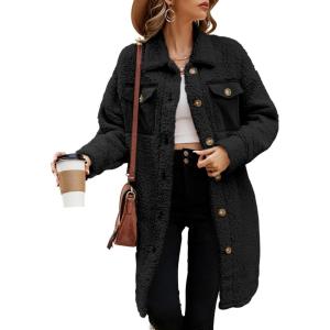 imageEVALESS Fuzzy Fleece Jackets for Women Fashion Long Sleeve Lapel Button Down Long Teddy Coat Faux Fur Warm Winter OutwearB Black