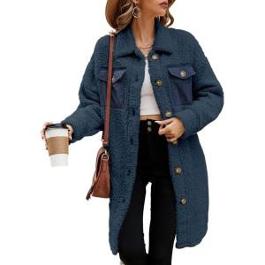 imageEVALESS Fuzzy Fleece Jackets for Women Fashion Long Sleeve Lapel Button Down Long Teddy Coat Faux Fur Warm Winter OutwearB Blue