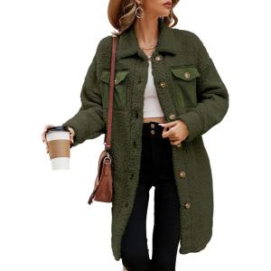 imageEVALESS Fuzzy Fleece Jackets for Women Fashion Long Sleeve Lapel Button Down Long Teddy Coat Faux Fur Warm Winter OutwearB Green