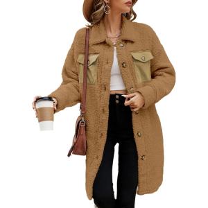 imageEVALESS Fuzzy Fleece Jackets for Women Fashion Long Sleeve Lapel Button Down Long Teddy Coat Faux Fur Warm Winter OutwearB Khaki