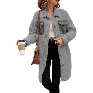 imageEVALESS Fuzzy Fleece Jackets for Women Fashion Long Sleeve Lapel Button Down Long Teddy Coat Faux Fur Warm Winter OutwearD Gray