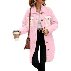 imageEVALESS Fuzzy Fleece Jackets for Women Fashion Long Sleeve Lapel Button Down Long Teddy Coat Faux Fur Warm Winter OutwearD Pink