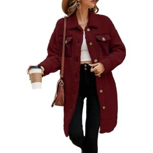imageEVALESS Fuzzy Fleece Jackets for Women Fashion Long Sleeve Lapel Button Down Long Teddy Coat Faux Fur Warm Winter OutwearD Red