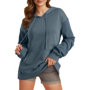 imageEVALESS Hoodies for Women Long Sleeve Patchwork Waffle Knit Drawstring Oversized Hooded Sweatshirt Tops Fashion 2025Dusk Blue