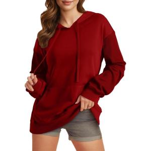 imageEVALESS Hoodies for Women Long Sleeve Patchwork Waffle Knit Drawstring Oversized Hooded Sweatshirt Tops Fashion 2025Red