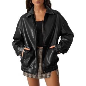 imageEVALESS Leather Jacket Women Faux Motorcycle Coats Fashion Oversized Bomber Zip Up Jackets Trendy Fall Winter Outfits 2025Black