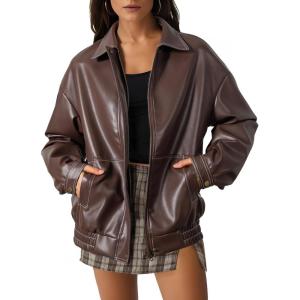imageEVALESS Leather Jacket Women Faux Motorcycle Coats Fashion Oversized Bomber Zip Up Jackets Trendy Fall Winter Outfits 2025Coffee Brown