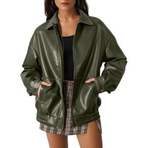 imageEVALESS Leather Jacket Women Faux Motorcycle Coats Fashion Oversized Bomber Zip Up Jackets Trendy Fall Winter Outfits 2025Green