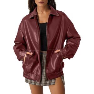 imageEVALESS Leather Jacket Women Faux Motorcycle Coats Fashion Oversized Bomber Zip Up Jackets Trendy Fall Winter Outfits 2025Red