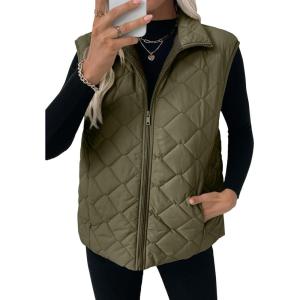 imageEVALESS Puffer Vest Women Fall Winter Coats 2025 Lightweight Stand Collar Vest Trendy Sleeveless Zip Up Quilted JacketsMoss Green