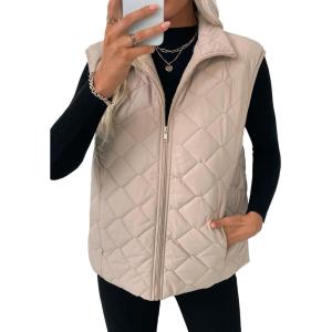 imageEVALESS Puffer Vest Women Fall Winter Coats 2025 Lightweight Stand Collar Vest Trendy Sleeveless Zip Up Quilted JacketsParchment
