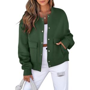 imageEVALESS Womens Crop Jacket Long Sleeve Shacket Lightweight Fall 2025 Casual Coat with PocketsBlackish Green