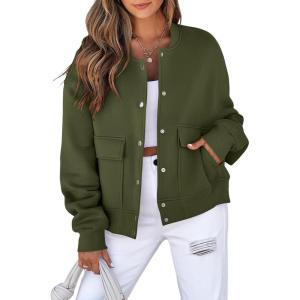 imageEVALESS Womens Crop Jacket Long Sleeve Shacket Lightweight Fall 2025 Casual Coat with PocketsJungle Green