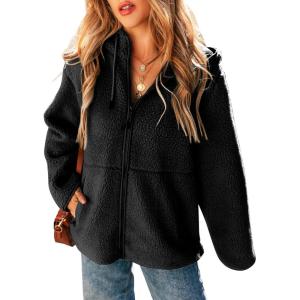 imageEVALESS Womens Fleece Jacket Long Sleeve Zip Up Sherpa Coats 2025 Fall Winter Trendy Fuzzy Hooded Jackets with PocketsBlack