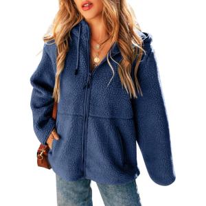 imageEVALESS Womens Fleece Jacket Long Sleeve Zip Up Sherpa Coats 2025 Fall Winter Trendy Fuzzy Hooded Jackets with PocketsBlue