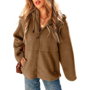 imageEVALESS Womens Fleece Jacket Long Sleeve Zip Up Sherpa Coats 2025 Fall Winter Trendy Fuzzy Hooded Jackets with PocketsBrown