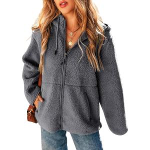 imageEVALESS Womens Fleece Jacket Long Sleeve Zip Up Sherpa Coats 2025 Fall Winter Trendy Fuzzy Hooded Jackets with PocketsDark Grey