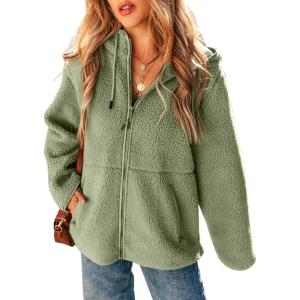 imageEVALESS Womens Fleece Jacket Long Sleeve Zip Up Sherpa Coats 2025 Fall Winter Trendy Fuzzy Hooded Jackets with PocketsGreen