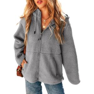 imageEVALESS Womens Fleece Jacket Long Sleeve Zip Up Sherpa Coats 2025 Fall Winter Trendy Fuzzy Hooded Jackets with PocketsGrey