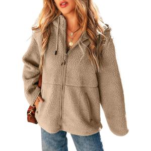 imageEVALESS Womens Fleece Jacket Long Sleeve Zip Up Sherpa Coats 2025 Fall Winter Trendy Fuzzy Hooded Jackets with PocketsKhaki