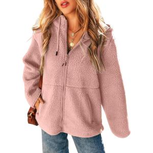imageEVALESS Womens Fleece Jacket Long Sleeve Zip Up Sherpa Coats 2025 Fall Winter Trendy Fuzzy Hooded Jackets with PocketsPink