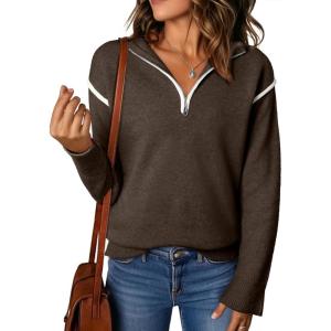 imageEVALESS Womens Sweaters V Neck Long Sleeve Quarter Zip Collared Ribbed Knit Dressy Casual Pullover Sweaters OutfitsChicory Coffee