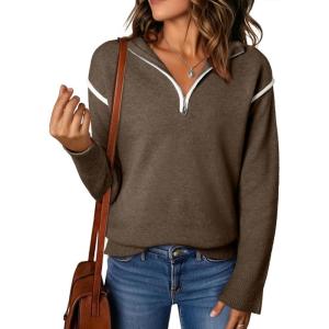 imageEVALESS Womens Sweaters V Neck Long Sleeve Quarter Zip Collared Ribbed Knit Dressy Casual Pullover Sweaters OutfitsDark Brown