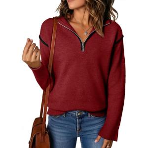 imageEVALESS Womens Sweaters V Neck Long Sleeve Quarter Zip Collared Ribbed Knit Dressy Casual Pullover Sweaters OutfitsRed