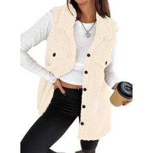 imageEVALESS Womens Warm Sherpa Fleece Sleeveless Button Down Long Vest Sherpa Jackets Coat OuterwearBeige