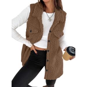 imageEVALESS Womens Warm Sherpa Fleece Sleeveless Button Down Long Vest Sherpa Jackets Coat OuterwearBrown