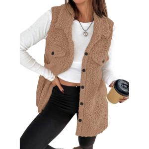 imageEVALESS Womens Warm Sherpa Fleece Sleeveless Button Down Long Vest Sherpa Jackets Coat OuterwearKhaki