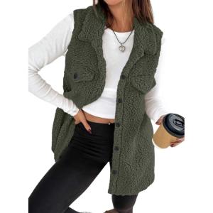 imageEVALESS Womens Warm Sherpa Fleece Sleeveless Button Down Long Vest Sherpa Jackets Coat OuterwearMoss Green