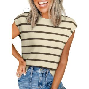 imageEVALESS Short Sleeve Sweaters for Women Trendy Crewneck Striped Knit Tops 2026 Spring Summer Outfits Cap Sleeve Sweater VestKhaki Stripe