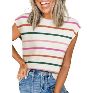 imageEVALESS Short Sleeve Sweaters for Women Trendy Crewneck Striped Knit Tops 2026 Spring Summer Outfits Cap Sleeve Sweater VestLight Pink