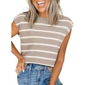 imageEVALESS Short Sleeve Sweaters for Women Trendy Crewneck Striped Knit Tops 2026 Spring Summer Outfits Cap Sleeve Sweater VestParchment