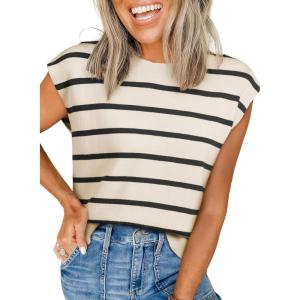 imageEVALESS Short Sleeve Sweaters for Women Trendy Crewneck Striped Knit Tops 2026 Spring Summer Outfits Cap Sleeve Sweater VestWhite