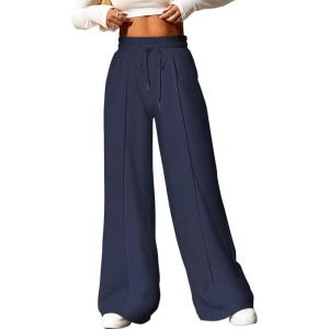 imageEVALESS Womens High Waisted Baggy Drawstring Sweatpants Casual Wide Leg Pants Long Trouser Slacks with PocketsDark Blue