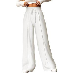 imageEVALESS Womens High Waisted Baggy Drawstring Sweatpants Casual Wide Leg Pants Long Trouser Slacks with PocketsWhite