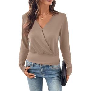 imageEVALESS Womens Tops Fall Cross Wrap V Neck Blouses Dressy Casual Long Sleeve Shirts Trendy 2025Dark Khaki