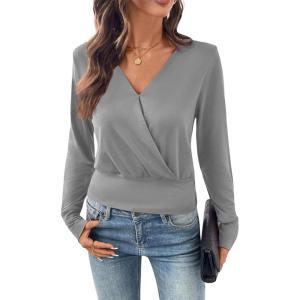 imageEVALESS Womens Tops Fall Cross Wrap V Neck Blouses Dressy Casual Long Sleeve Shirts Trendy 2025Gray