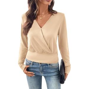 imageEVALESS Womens Tops Fall Cross Wrap V Neck Blouses Dressy Casual Long Sleeve Shirts Trendy 2025Oatmeal